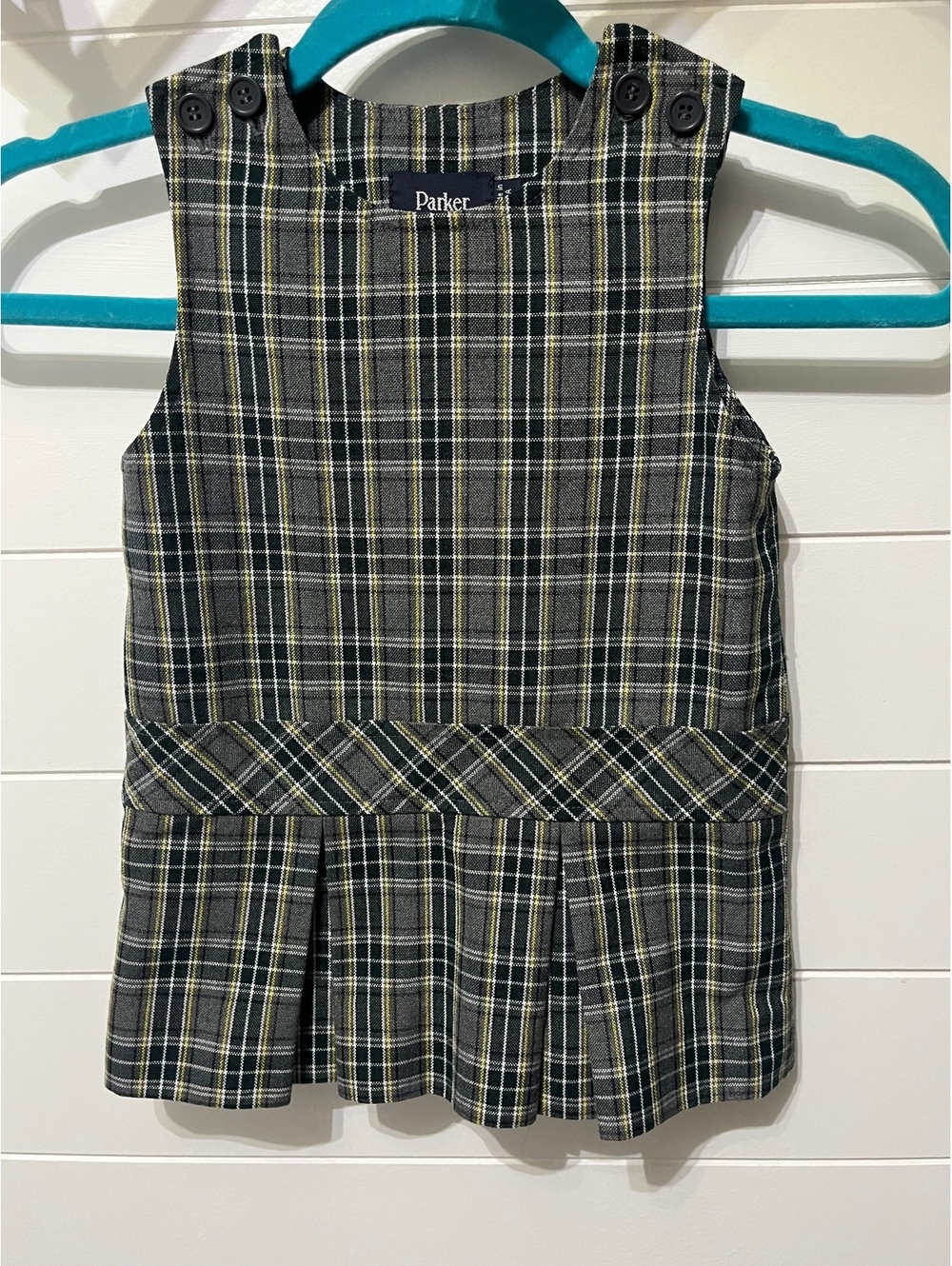 Parker Girls' Plaid Jumper Dress with Button Shoulder Straps